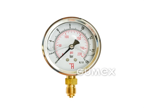 Glyzerin-Manometer mit Bodenauslass, 63mm, Außengewinde G 1/4", 0-16bar, -40°C/+60°C, 